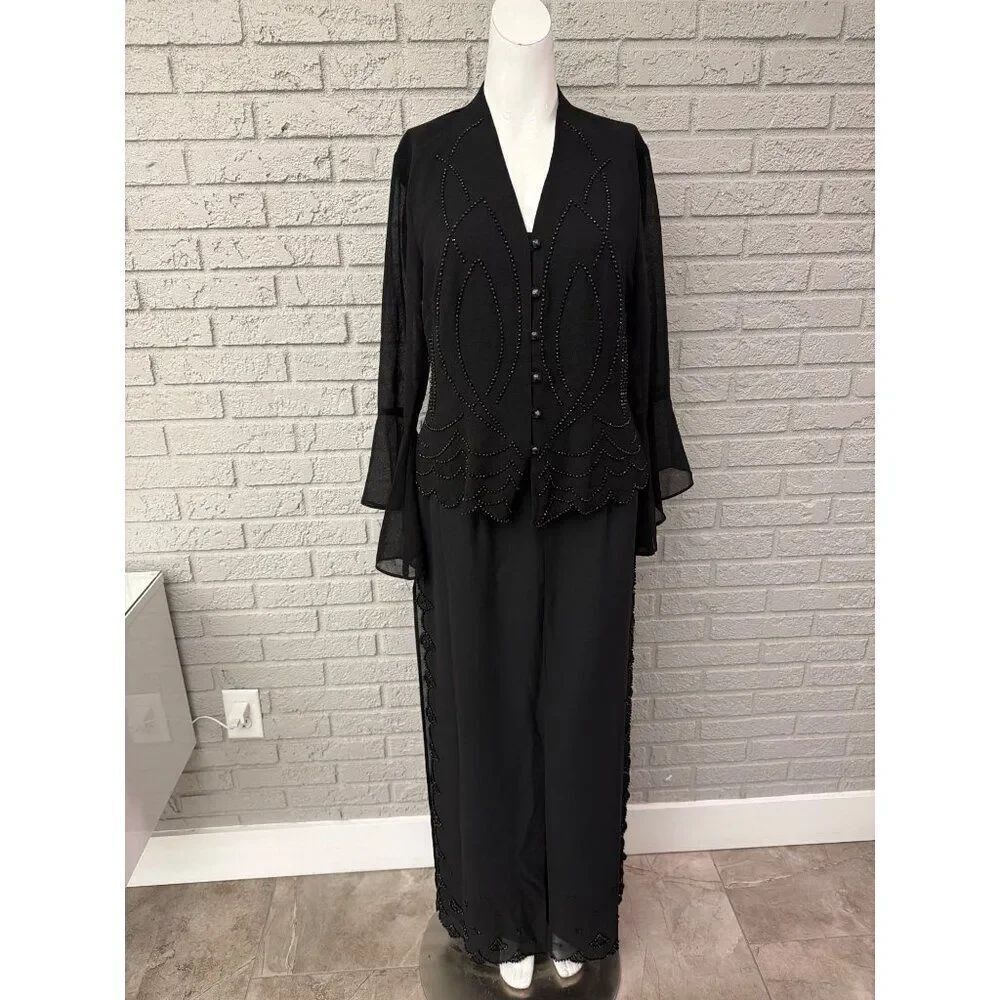 Sheri Martin Women 10 Black Evening Beaded Chiffon Pant Jacket 2 PCS Suit